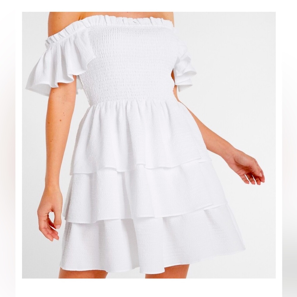 EXPRESS White colored Off the Shoulder Ruffle Tiered Dress, Size L NWT - Picture 7 of 13